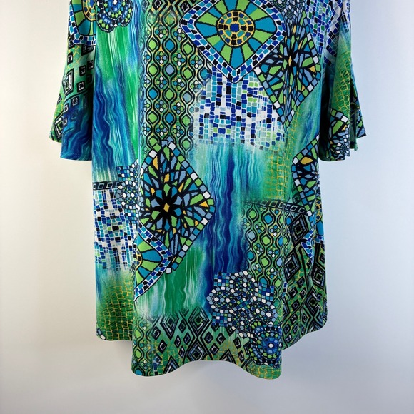 Susan Graver Women Large Green Blue Mosaic Geometric Tunic Top Split Sleeve Ring - Picture 13 of 16